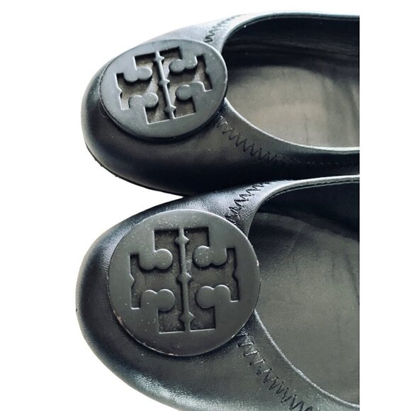 Tory Burch Minnie Travel Leather Ballet Flats 6.5 Black Logo Napa Rubber Sole - Picture 3 of 16
